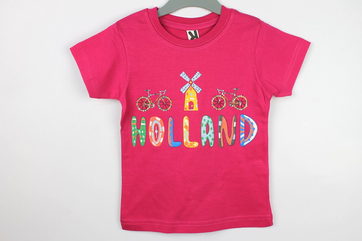 Kinder t-shirt roze Holland molen en fiets | Maat 104